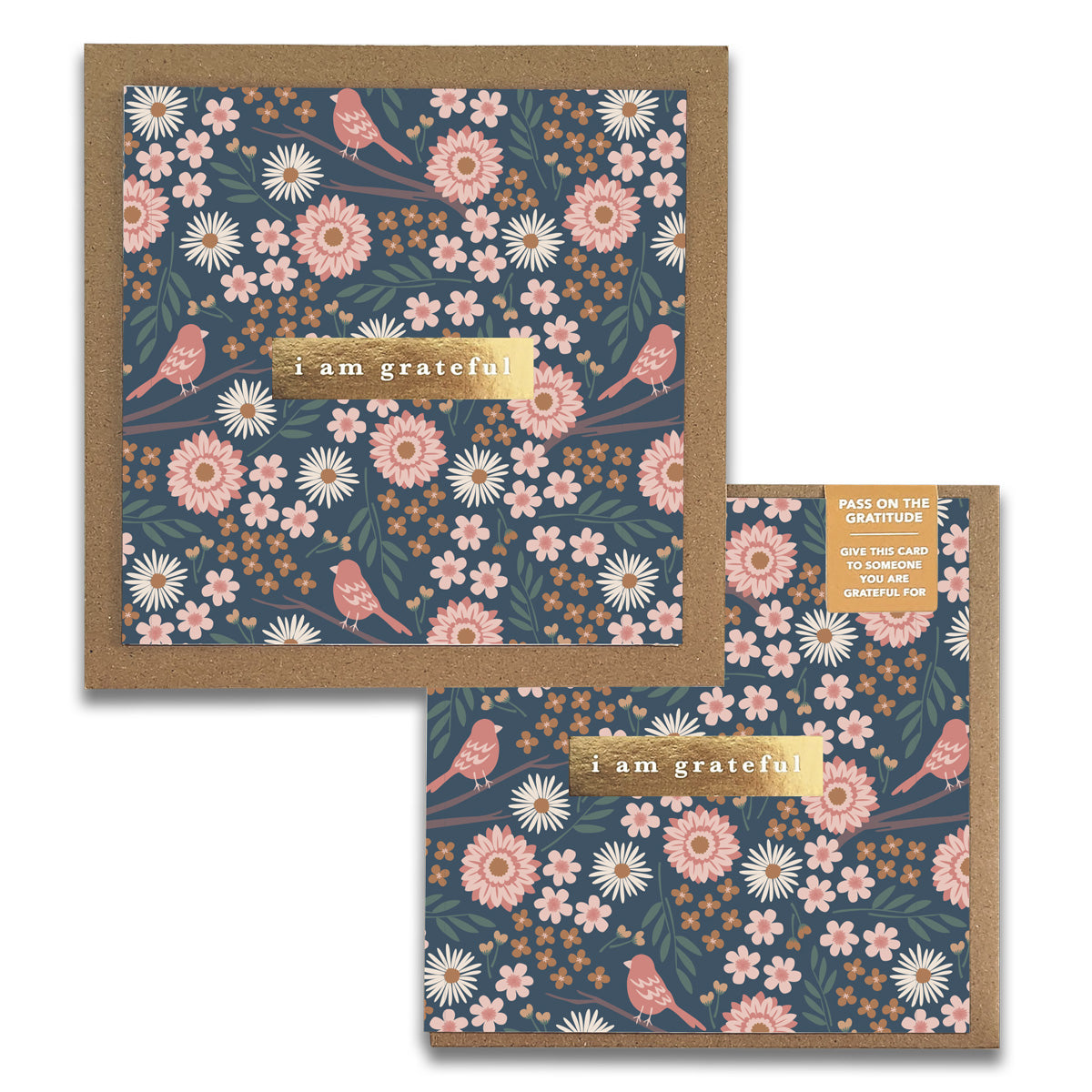 Birdy Gratitude Greeting Cards by Maylay Co. feature a floral pattern with pink and white flowers and birds on a dark teal background. "I am grateful" is elegantly embossed in gold at the center, making them ideal for expressing sincere thanks.