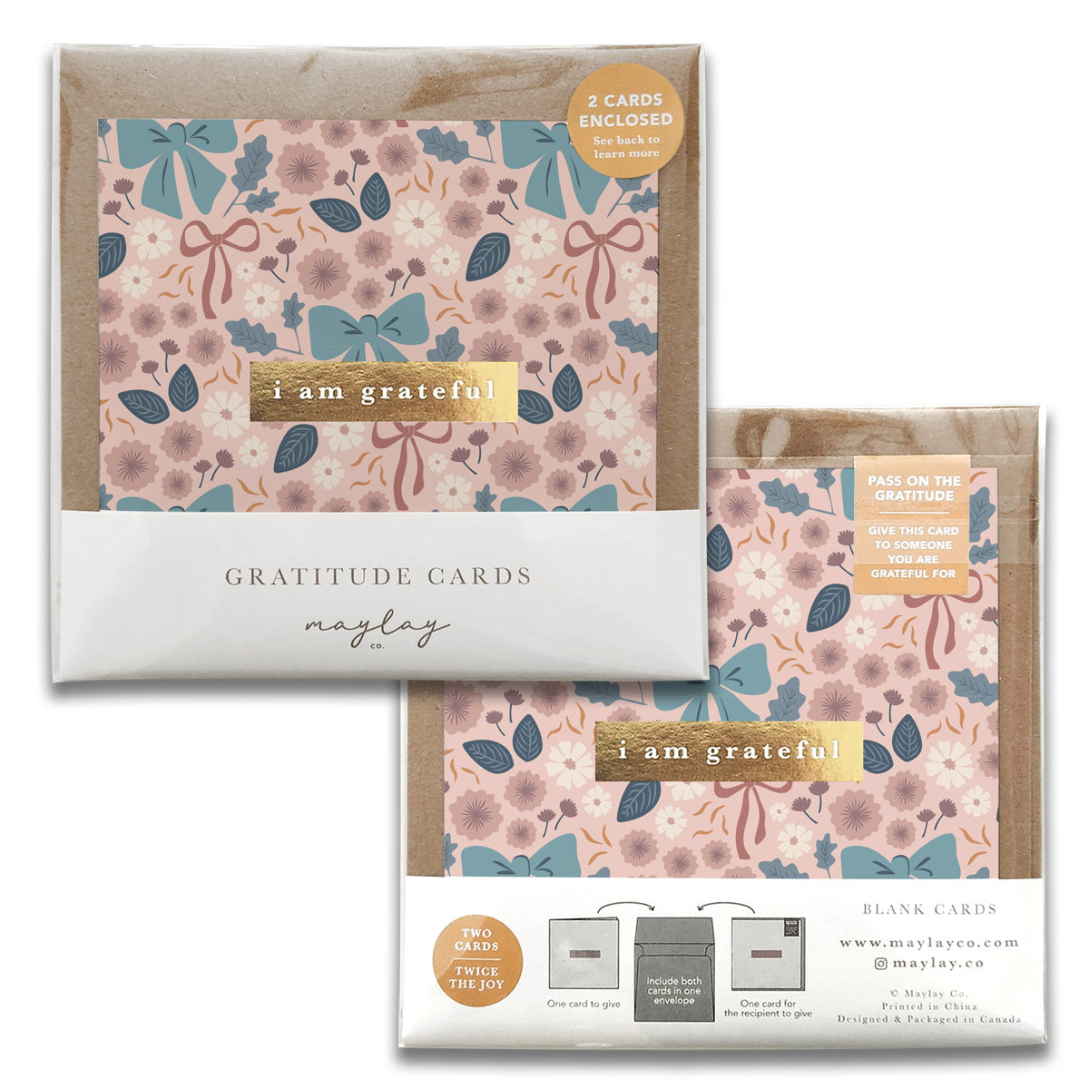 Presenting the Bows Floral Gratitude Greeting Cards by Maylay Co., this set includes elegant cards adorned with a floral design in pink, blue, and beige tones. Each card features the heartfelt message "I am grateful." The packaging indicates that it contains 2 exquisite greeting cards, accompanied by additional information highlighting the card details and underscoring the significance of fostering gratitude.