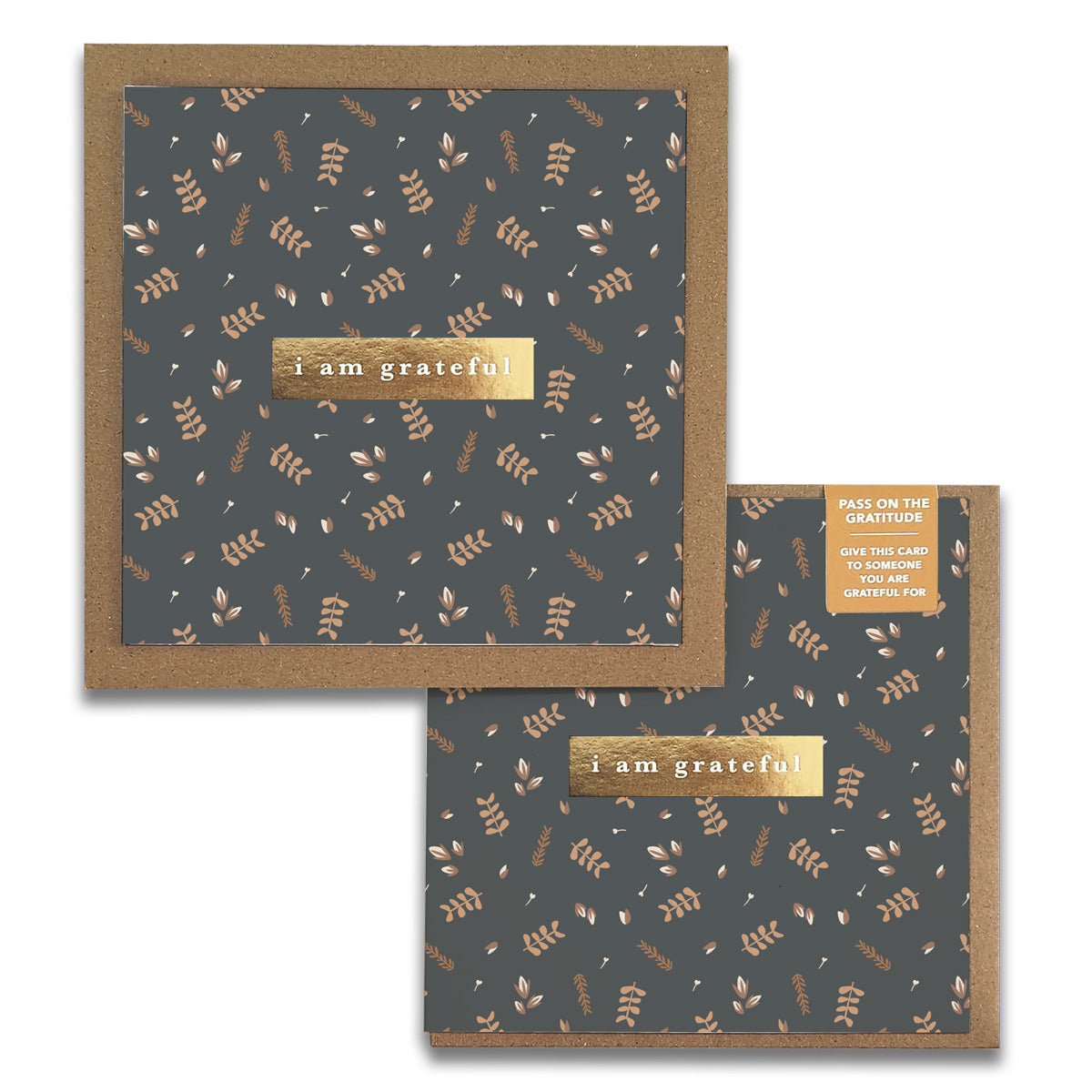 Enhance your expressions of appreciation with two Buddies Gratitude Greeting Cards by Maylay Co. These elegant cards feature a floral pattern on a dark background and a gold foil label reading "I am grateful." They inspire sharing gratitude, as there's always someone deserving of a heartfelt "thank you.