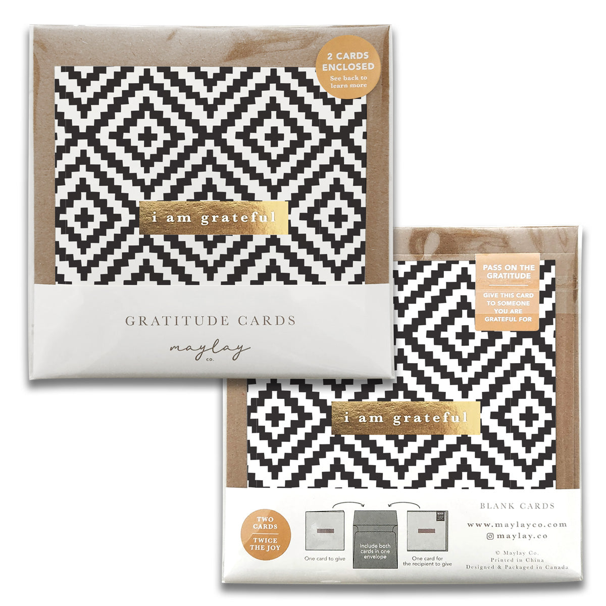 An image presents two packs of the Diamond Monochrome Gratitude Greeting Cards, adorned with geometric black and white designs and featuring the words "I am grateful" on a gold strip. These cards elevate your thank-you gestures while subtly displaying Maylay Co.'s branding at the bottom. Each pack contains two elegant greeting cards.