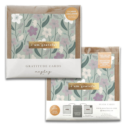 The packaging for Maylay Co.'s Enchanted Garden Gratitude Greeting Cards showcases pastel flowers on a green background with the phrase "I am grateful." These beautifully crafted cards, ideal for expressing thanks, include two greeting cards per package.