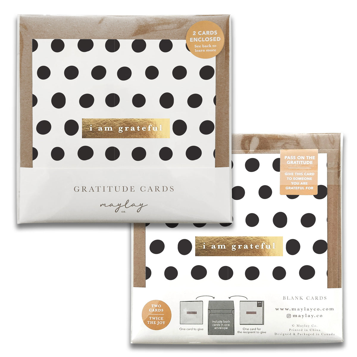 The Dots Monochrome Gratitude Greeting Cards by Maylay Co. showcase a delightful black polka dot design on a white backdrop, highlighted by a small brown rectangle that says "I am grateful." With two cards included, these prompts are designed to help you express heartfelt gratitude to others.