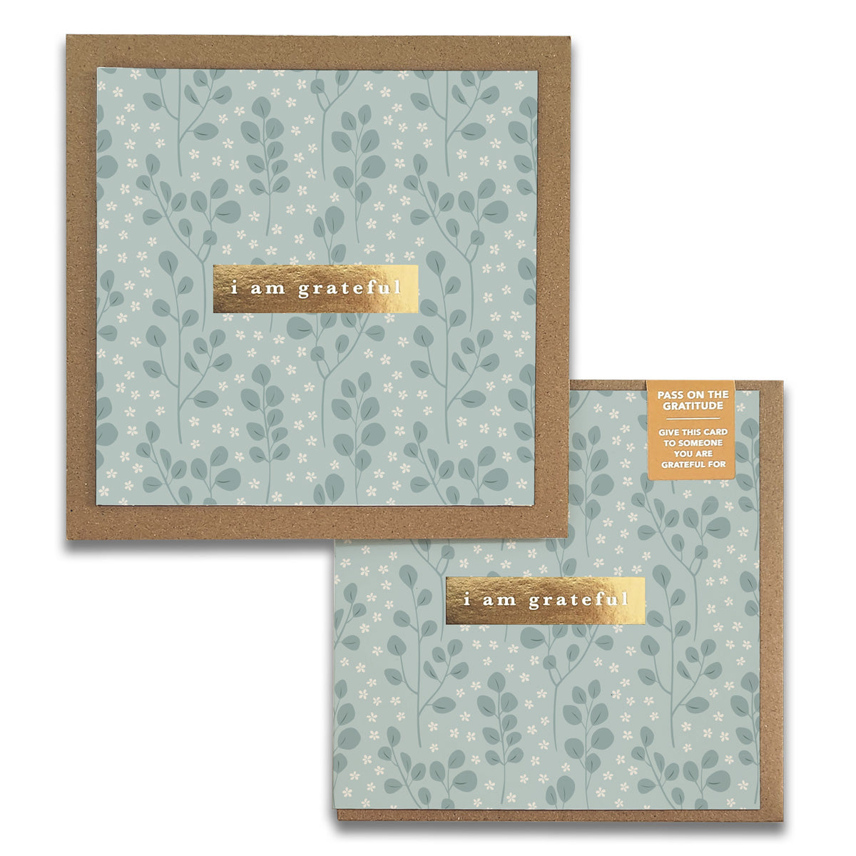 Two stunning Eucalyptus Gratitude Greeting Cards from Maylay Co. feature floral patterns on a light blue background. Each card displays a gold rectangle with the words "I am grateful." A small label encourages spreading joy by sharing these thank you cards with others.