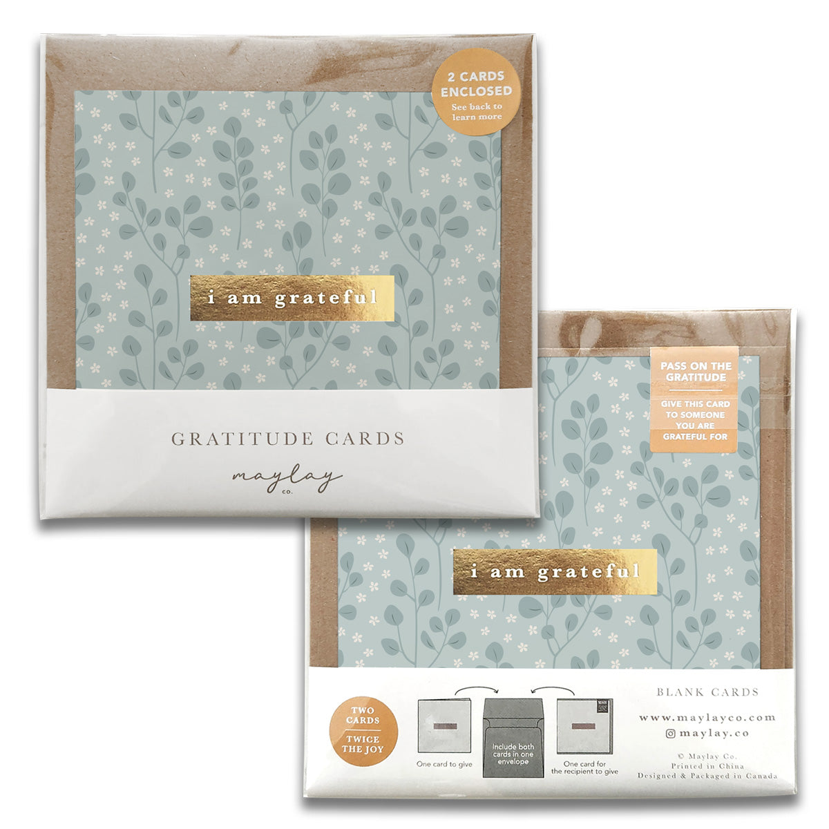 A pack of Eucalyptus Gratitude Greeting Cards featuring a floral design and emblazoned with the words "I am grateful" on the front. Perfect for thank you greetings, this Maylay Co. pack includes two cards with envelopes, along with instructions to pass on gratitude.