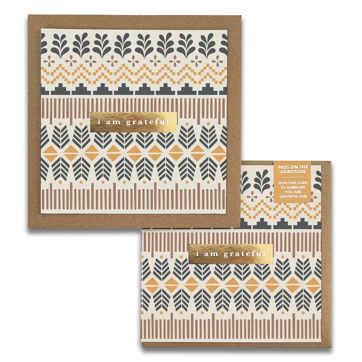 Introducing the Fair Isle Gratitude Greeting Cards by Maylay Co. These exquisite cards feature geometric patterns in earthy tones, each adorned with a gold-on-white label stating "I am grateful." Set against a brown background, they are ideal for conveying your heartfelt appreciation.