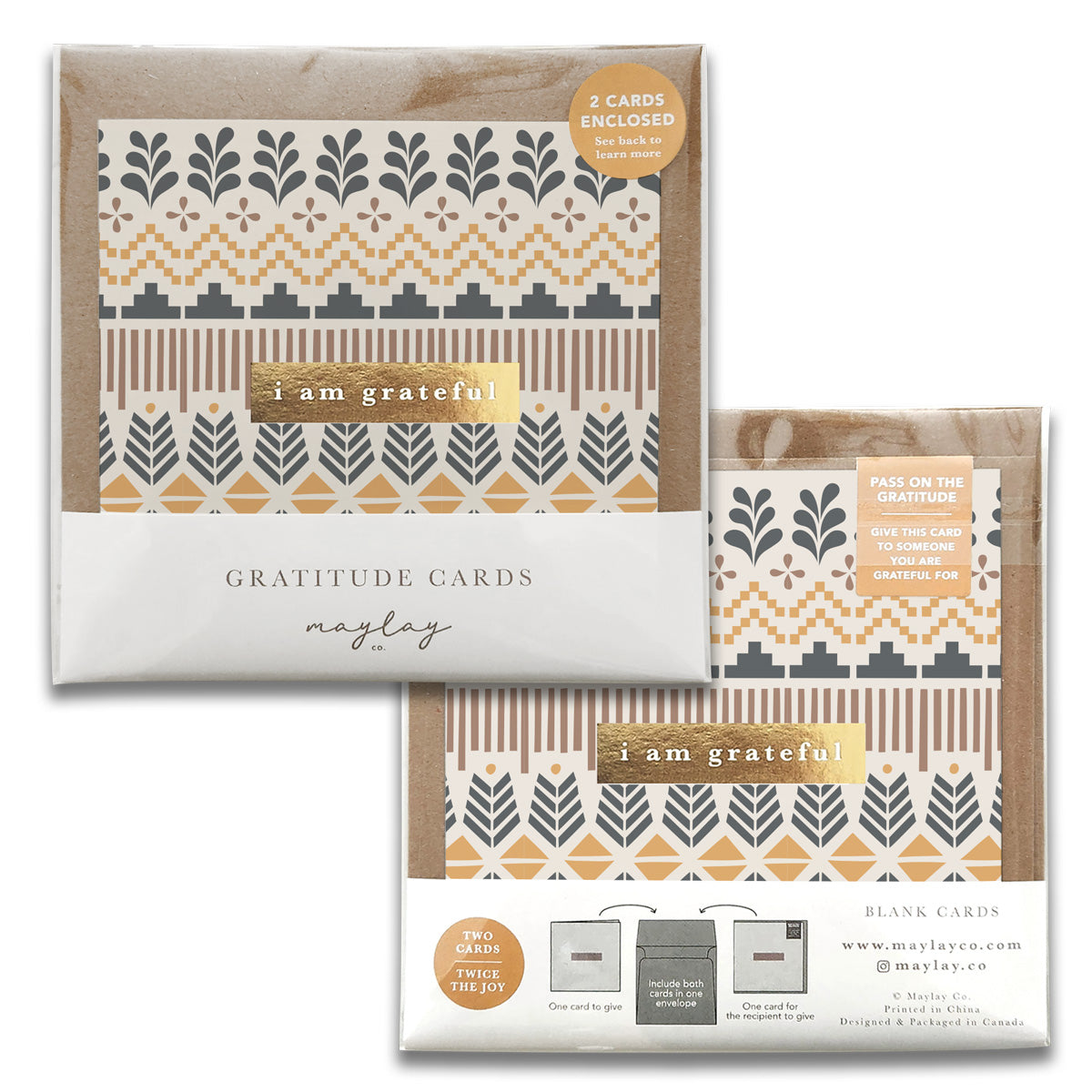 A package of Fair Isle Gratitude Greeting Cards, designed by Maylay Co., showcasing a geometric pattern with plants in gray, gold, and white. The cards feature the text "I am grateful" and include two blank greeting cards perfect for sharing thank you messages.