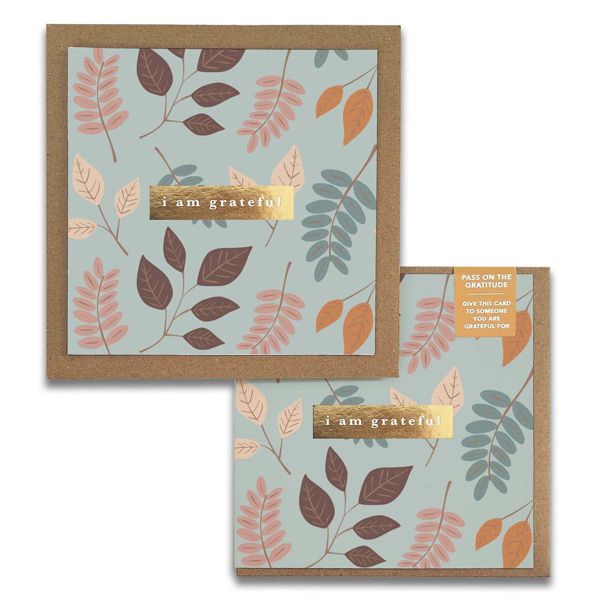 Introducing the Falling Gratitude Greeting Cards by Maylay Co., showcasing a beautiful floral design with brown and beige leaves set against a light blue background. The cover features the message "I am grateful" in small caps, and each pack includes a sticker suggesting you share your appreciation with someone special.