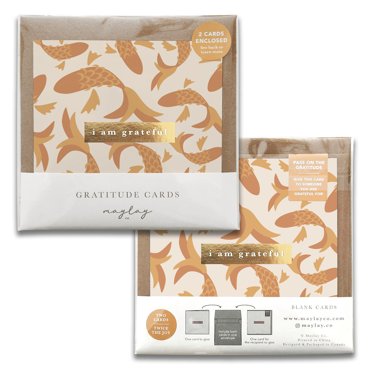 A set of Fish Gratitude Greeting Cards by Maylay Co., showcasing an orange fish design with the words "I am grateful." This pack includes two cards and a band promoting the sharing of gratitude.