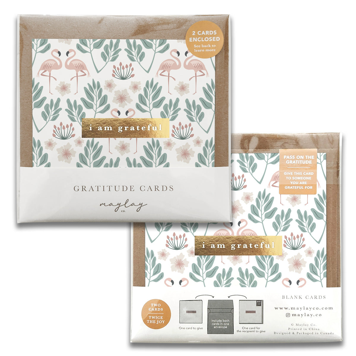 The Flamingos Gratitude Greeting Cards by Maylay Co. feature a design of floral and leaf patterns with the phrase "I am grateful" on the front. The packaging includes two greeting cards, perfect for expressing your heartfelt thanks and appreciation.