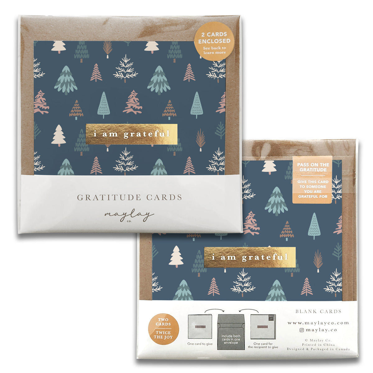 A package of Happy Forest Gratitude Greeting Cards features a forest pattern with stylized trees in various colors on a dark background. The thank you cards are inscribed with "I am grateful." The set includes two gratitude cards and envelopes, with the brand name Maylay Co. displayed at the bottom.