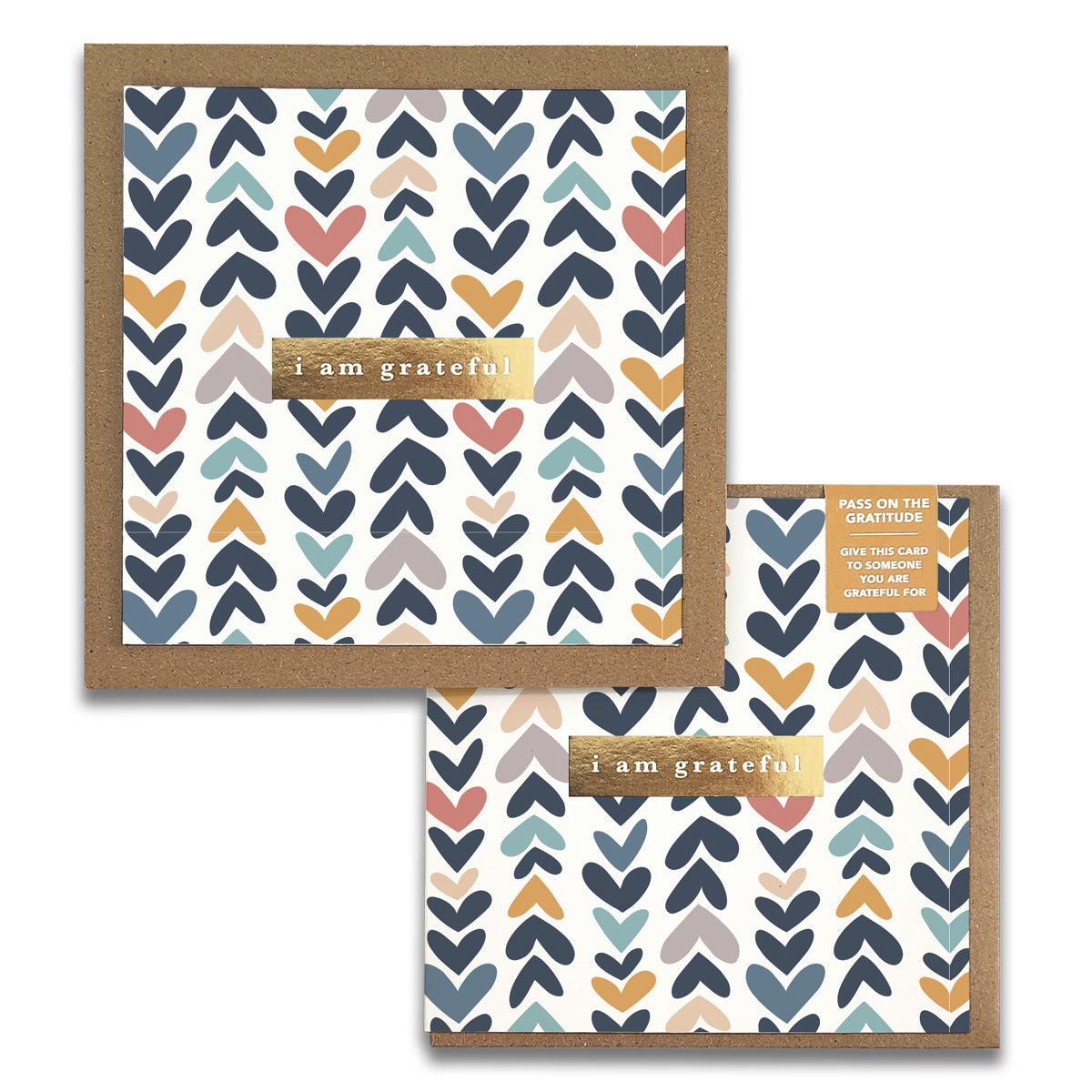 The Heartwood Gratitude Greeting Cards from Maylay Co. feature two cards adorned with a vibrant pattern of blue, orange, pink, and gray hearts. Each card elegantly displays "I am grateful" in gold lettering and is bordered with a brown frame, making them perfect for expressing heartfelt appreciation.