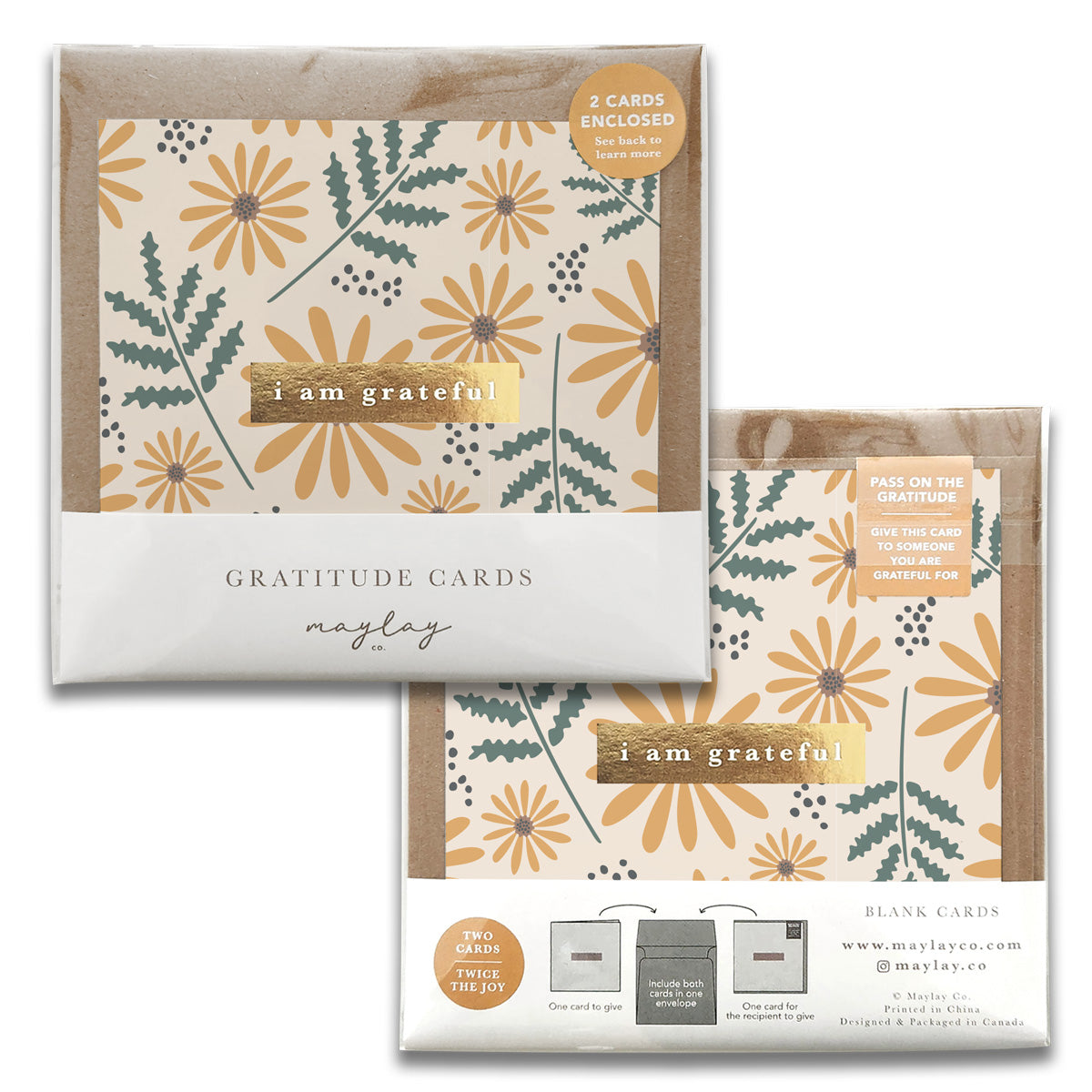 Two sets of "Hello Daisy Gratitude Greeting Cards," ideal for expressing thanks, showcase floral designs in orange and green. The packaging says "I am grateful" and is branded with "Gratitude Cards by Maylay Co." Each set contains two beautifully crafted greeting cards.