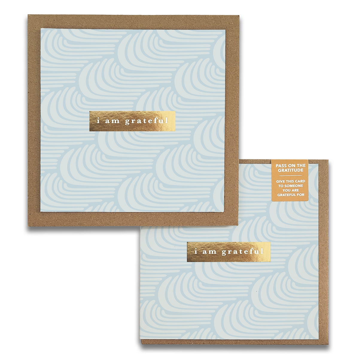 The High Tides Gratitude Greeting Cards by Maylay Co. include two cards featuring a light blue swirl pattern and each with a gold rectangle inscribed with "i am grateful." One of the cards comes with a tag that reads: Pass on the gratitude. Give this card to someone you are grateful for, making them ideal as gratitude-inspired gifts.