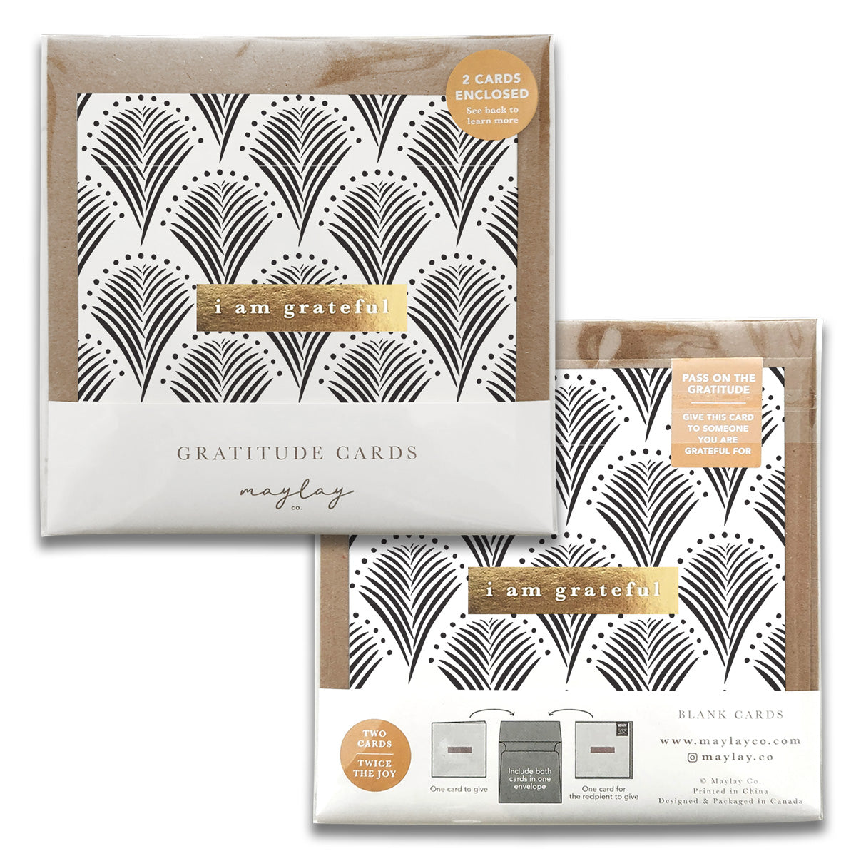 The image showcases a set of greeting cards with a monochrome abstract leaf design. The package, titled "Lavish Monochrome Gratitude Greeting Cards" by Maylay Co., includes two cards and envelopes, ideal for expressing appreciation in style.