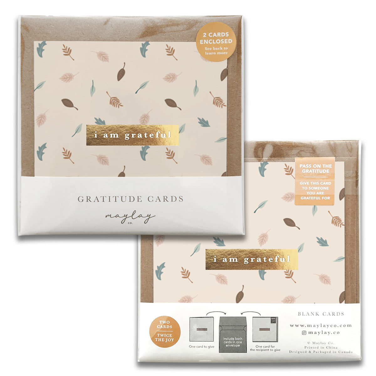 Introducing Maylay Co.'s Leaves Gratitude Greeting Cards, featuring a delicate leaf pattern and "I Am Grateful" text. These elegant cards include two greeting cards for sharing your thanks, neatly enveloped in clear wrap. Perfect for expressing heartfelt appreciation.