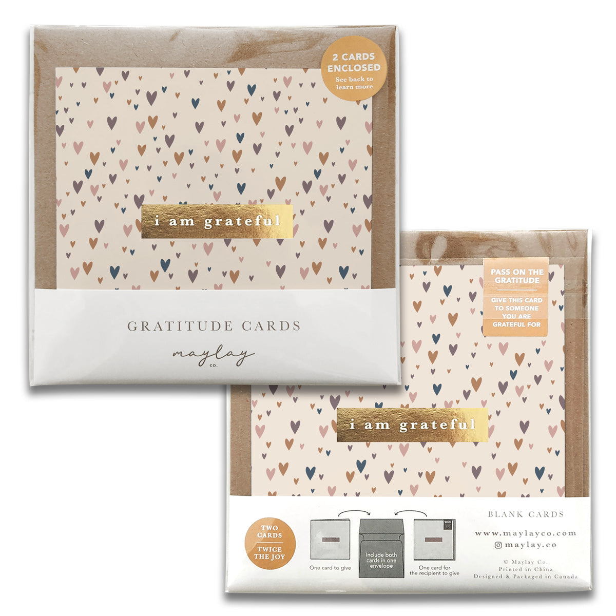 Two packs of Little Hearts Gratitude Greeting Cards, featuring heart patterns and the text "I am grateful" on the front. Each pack includes two beautifully designed cards from Maylay Co., enhanced with a gold foil stamp to inspire genuine appreciation.