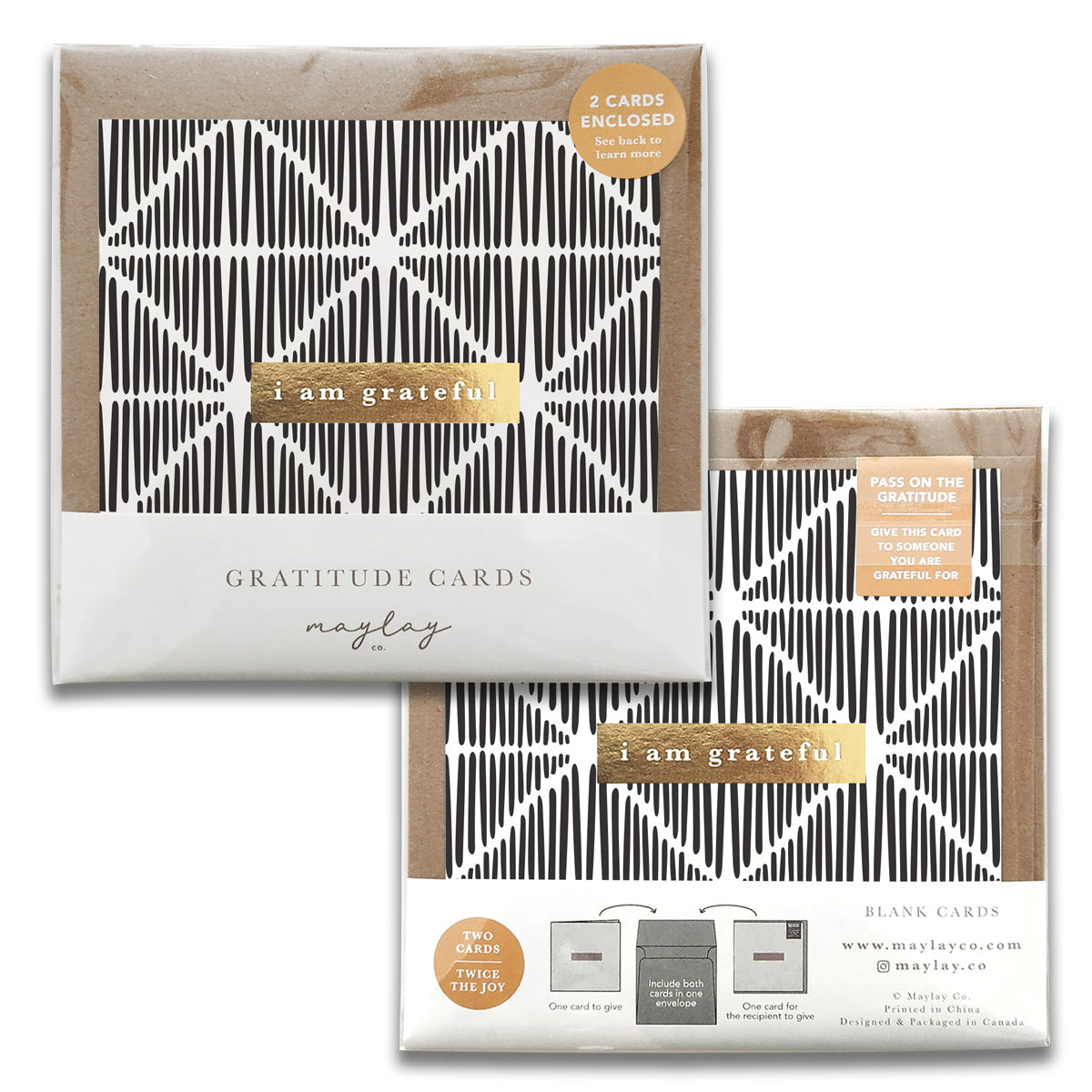 The Macrame Monochrome Gratitude Greeting Cards by Maylay Co. feature a stylish black and white geometric design with the gold text "I am grateful." Ideal as thank you or greeting cards, the packaging specifies that two blank cards are included.