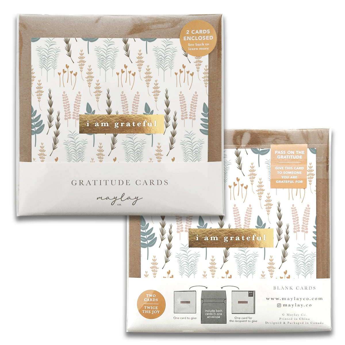 Two sets of Nature Walk Gratitude Greeting Cards by Maylay Co., showcasing nature-inspired designs with leaves and plants. Each pack includes greeting cards and envelopes, labeled with "I am grateful." One set is open to display both the front and back packaging, making it ideal for sending a heartfelt thank you message.