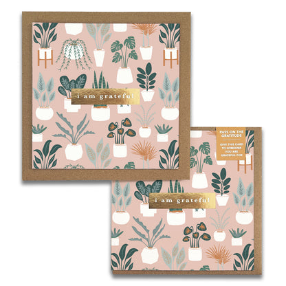 The Plant Lover Gratitude Greeting Card by Maylay Co. showcases a delightful plant design on a peach background, with the phrase "I am grateful" beautifully centered. It comes with a brown envelope, making it an ideal choice for expressing your heartfelt thanks.