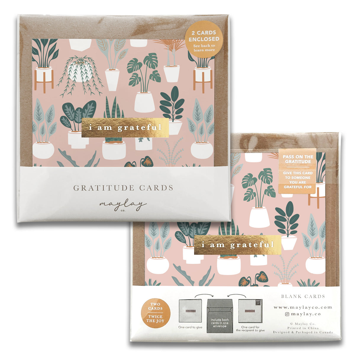 Maylay Co.'s Plant Lover Gratitude Greeting Cards feature a lovely botanical design of potted plants set against a pink background and are adorned with gold accents. The front of the card showcases the phrase "I am grateful." Each pack includes two charming thank you cards, leaving plenty of space for your personal messages.