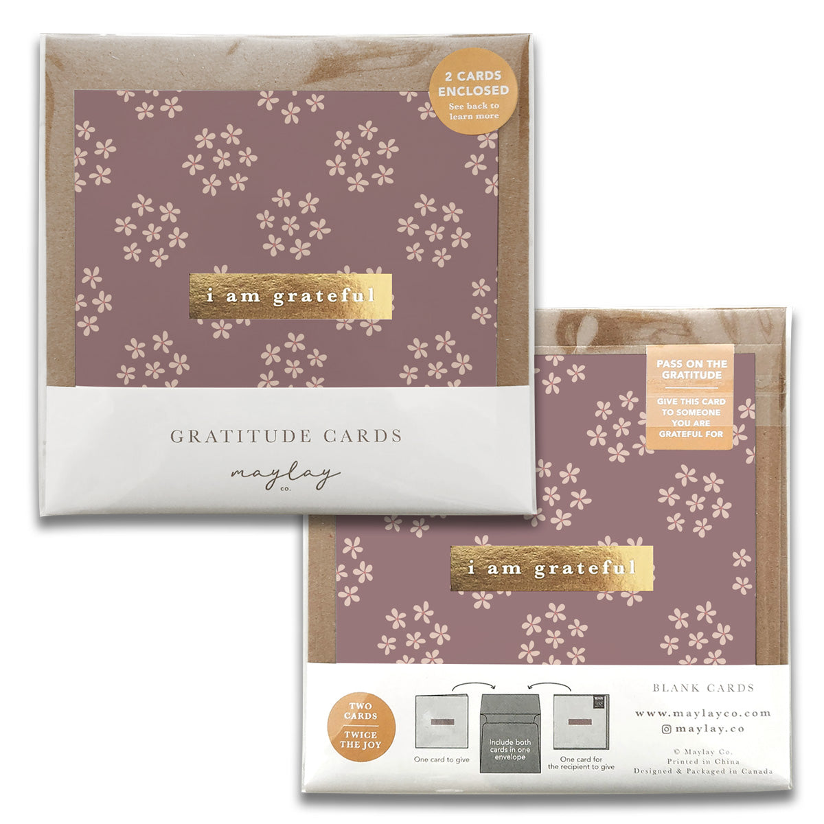 Introducing the Posy Floral Gratitude Greeting Cards from Maylay Co., featuring a sophisticated brown floral design with "I am grateful" elegantly embossed in gold foiling. Each set includes two beautifully crafted cards, packaged with an inspiring message to "Pass on the gratitude," accompanied by thoughtful instructions for gifting these heartfelt tokens.