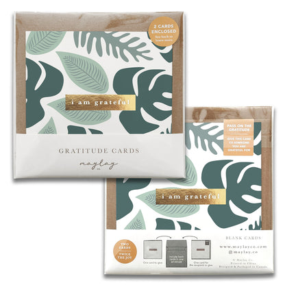 Two packs of Rainforest Gratitude Greeting Cards from Maylay Co. rest alongside each other, each pack containing two cards adorned with leafy designs in green, white, and beige. The label "I am grateful" encapsulates the spirit of thank you gestures beautifully. For more heartfelt greeting options, visit maylay.co at the bottom of each pack.