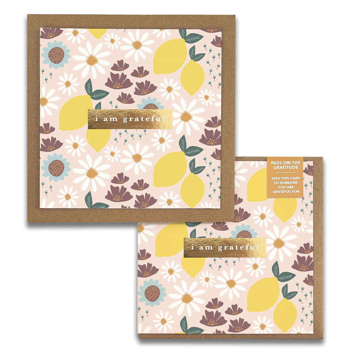 Two Refreshing Gratitude Greeting Cards by Maylay Co. showcase a floral design with daisies and leaves set against a light background, each featuring "i am grateful" in the center. The cards have brown borders, making them ideal for conveying appreciation through a heartfelt note.