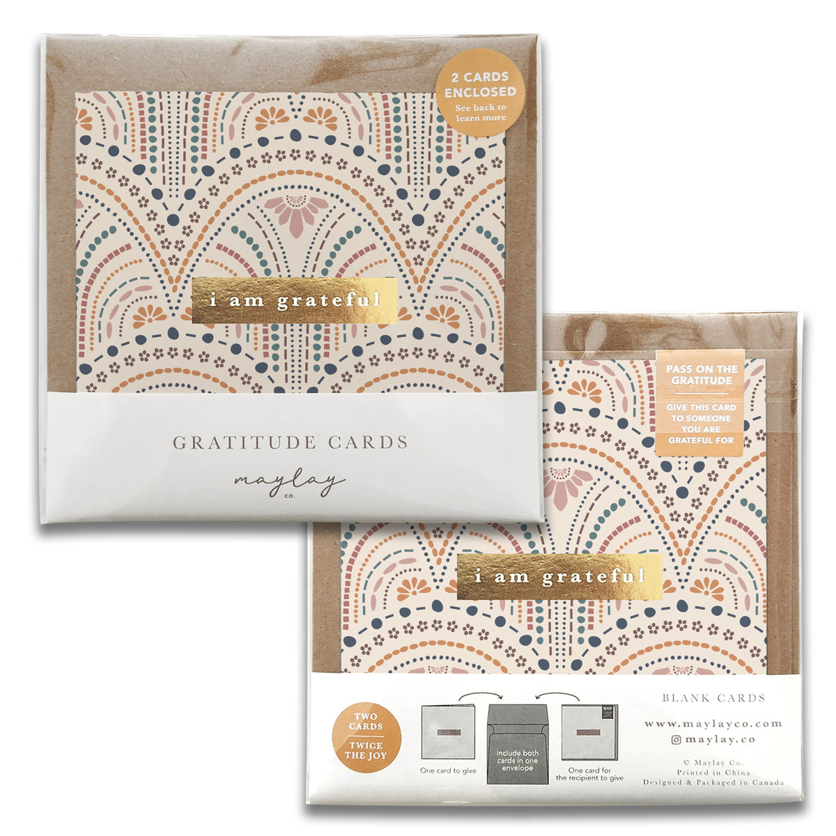 Two packs of So Delicate Gratitude Greeting Cards by Maylay Co. feature decorative designs in pastel shades with the phrase "i am grateful" on the front. Each pack includes two cards, and the packaging invites you to share gratitude with others, making them ideal for heartfelt Thank You moments.