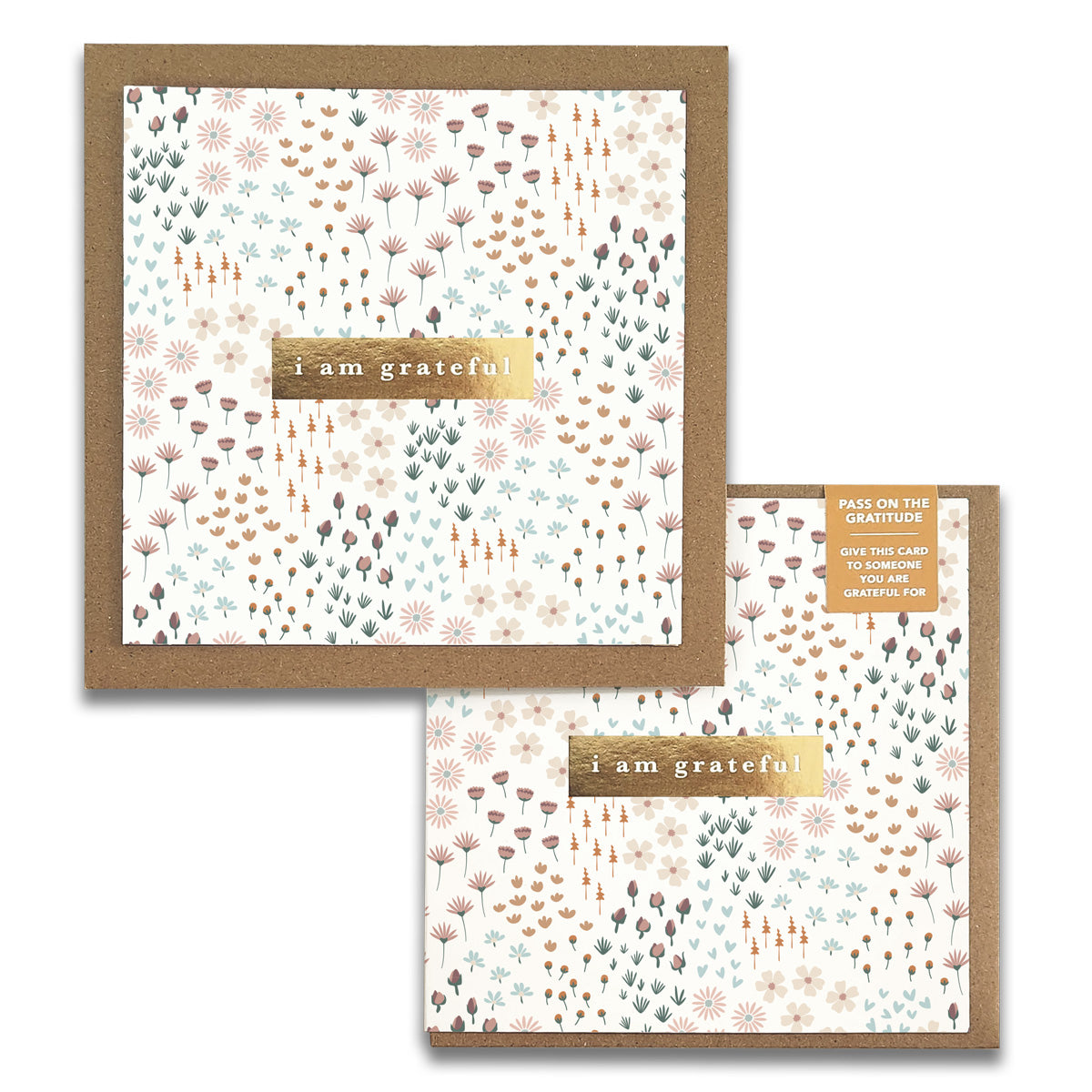 Two premium quality Summerfield Gratitude Greeting Cards by Maylay Co. Each card showcases a floral pattern with the text "I am grateful" on the front, featuring small, delicate flowers in pastel colors against a white background, accented with a golden label.