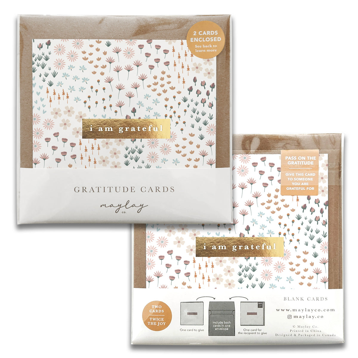 Two packs of Summerfield Gratitude Greeting Cards from Maylay Co., featuring premium quality covers with floral designs. Each pack is labeled with "I am grateful" and includes two greeting cards, each paired with envelopes. The packaging emphasizes a promotion for sharing gratitude.