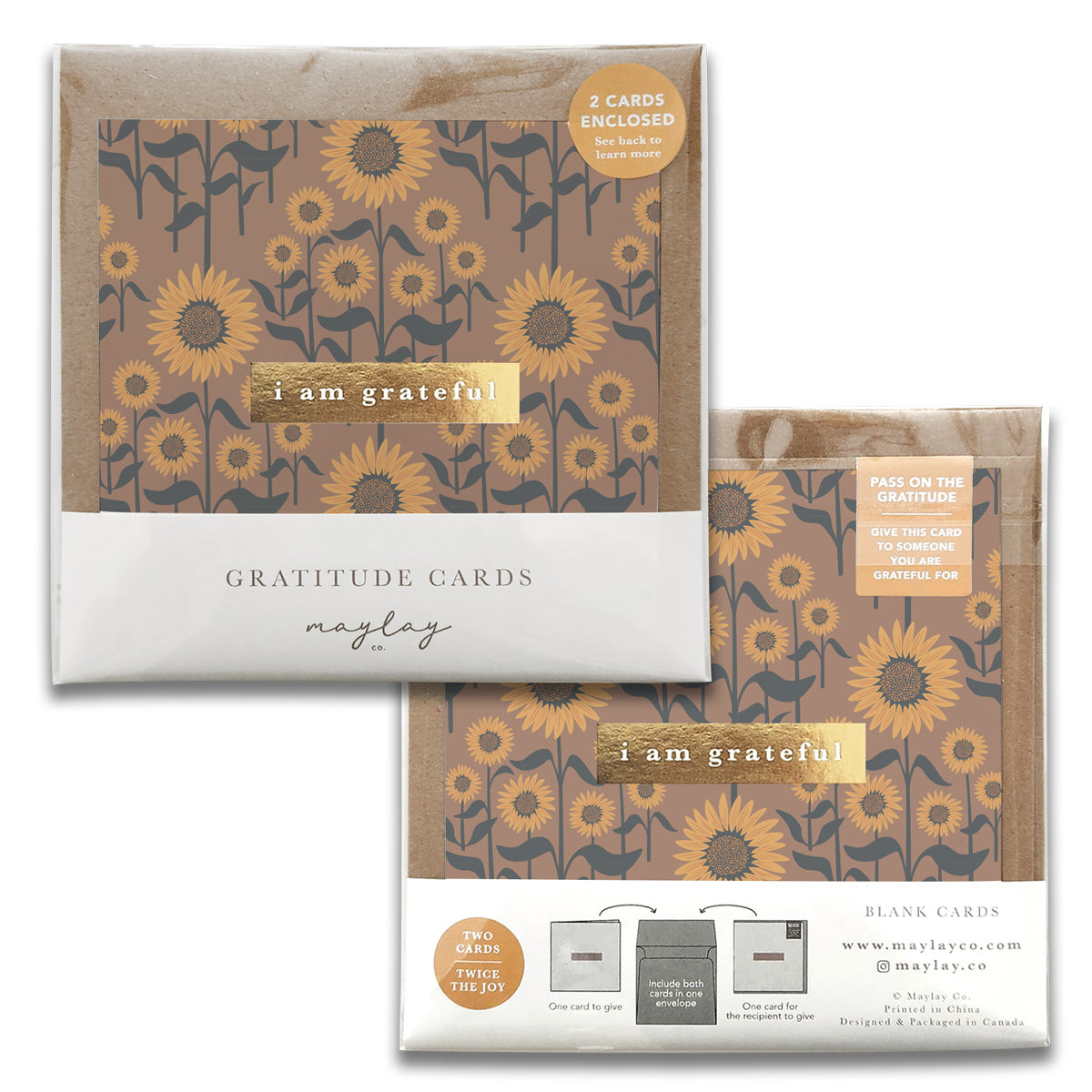 The image showcases the Sunflowers Gratitude Greeting Cards, a product by Maylay Co. This premium quality set, featuring two cards with a brown background and adorned with sunflowers, includes the heartfelt message "I am grateful," encouraging expressions of gratitude to others.