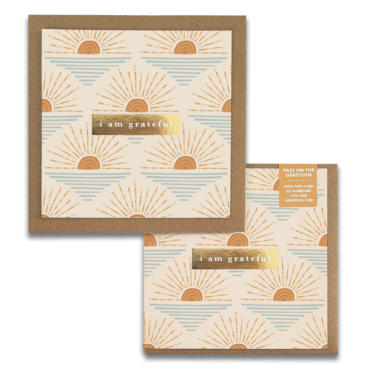 The Sunrise Gratitude Greeting Card by Maylay Co. features an enchanting design of sunrises in shades of orange and blue, elegantly bordered in brown. The front is adorned with the phrase "i am grateful," encouraging you to express your appreciation with this heartfelt Thank You card.