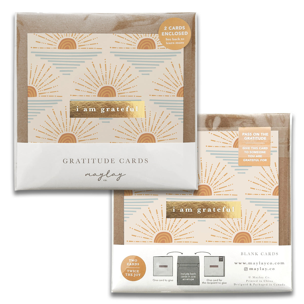 Two sets of Sunrise Gratitude Greeting Cards, featuring a sun and rays design with the phrase "I am grateful," are showcased in clear plastic packaging. Each set includes two cards. The Maylay Co. logo elegantly adorns the bottom of the package, enhancing these heartfelt greeting cards' appeal.