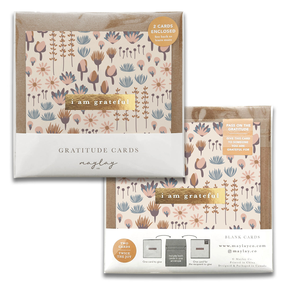 Two packs of Sweetness Gratitude Greeting Cards by Maylay Co., featuring floral designs in pastel hues. Each pack includes two thank you cards with "I am grateful" on the front and a message encouraging sharing gratitude on the back. The packaging highlights the website maylay.co.