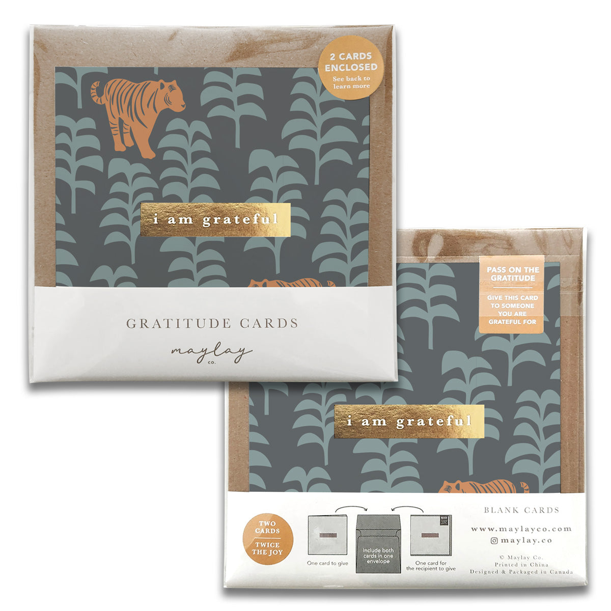 The image showcases a package of Tigers Gratitude Greeting Cards adorned with tiger and plant patterns. This set includes two elegant thank you cards from the brand Maylay Co., with their website provided for more details.