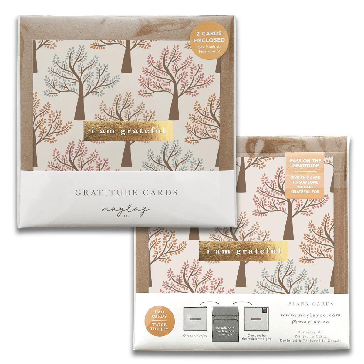 A set of Walk in the Park Gratitude Greeting Cards, featuring a colorful tree design, includes two cards and envelopes labeled "I am grateful," complete with instructions on expressing gratitude. The packaging prominently displays the Maylay Co. brand, known for their excellence in greeting cards.