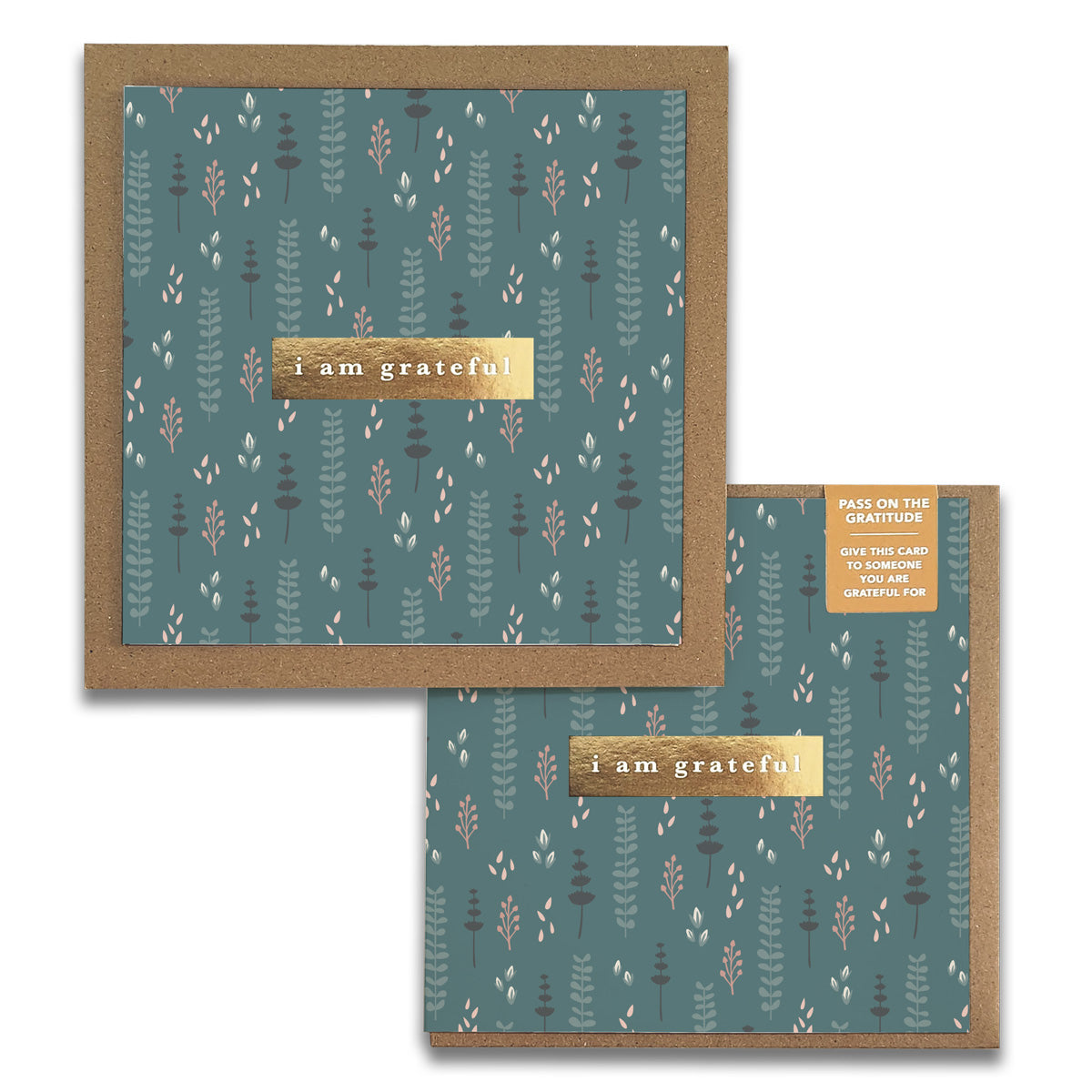 Maylay Co.'s Wallflowers Gratitude Greeting Cards showcase two square cards adorned with green botanical patterns and the phrase "I am grateful" on a gold strip. These gratitude cards, ideal for expressing thanks on special occasions, come with brown envelopes to help you convey heartfelt appreciation.