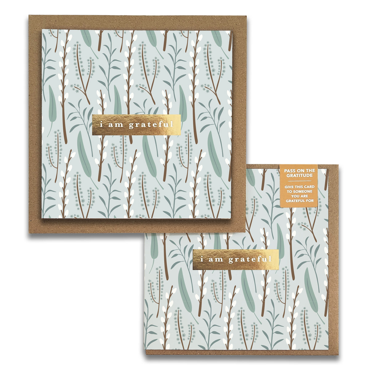 The Winter Flora Floral Gratitude Greeting Cards by Maylay Co. are two premium quality square cards featuring a leaf and branch pattern with "I am grateful" elegantly embossed in gold on the cover. Their gentle green and brown color scheme makes them ideal for conveying heartfelt thanks.