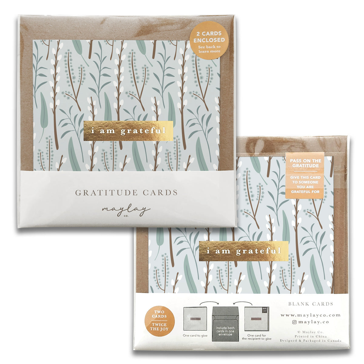 Two packs of Winter Flora Floral Gratitude Greeting Cards by Maylay Co. feature an abstract leaf pattern with the text "I am grateful." One pack includes two cards and a sticker, while the other offers four cards and envelopes. Both packs boast premium quality designs, ensuring a cohesive look and branding.