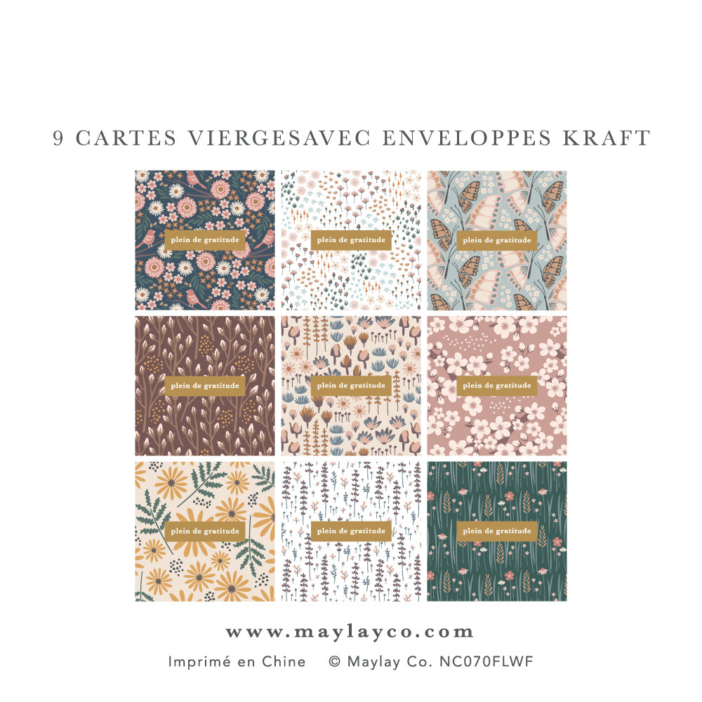 French "Plein de Gratitude" Cartes de Notes — 9Pk Floral Gratitude Thank You Cards