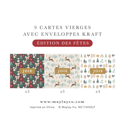Neuf mini cartes de notes JOIE : trois de chaque motif, avec enveloppes kraft