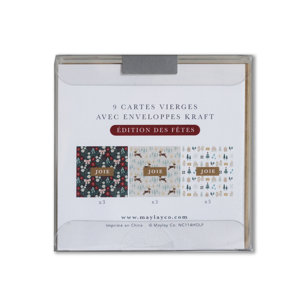 Dos de l’emballage des mini cartes de notes JOIE montrant les trois motifs