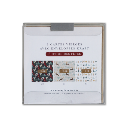 Dos de l’emballage des mini cartes de notes JOIE montrant les trois motifs