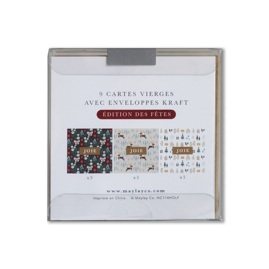 Dos de l’emballage des mini cartes de notes JOIE montrant les trois motifs