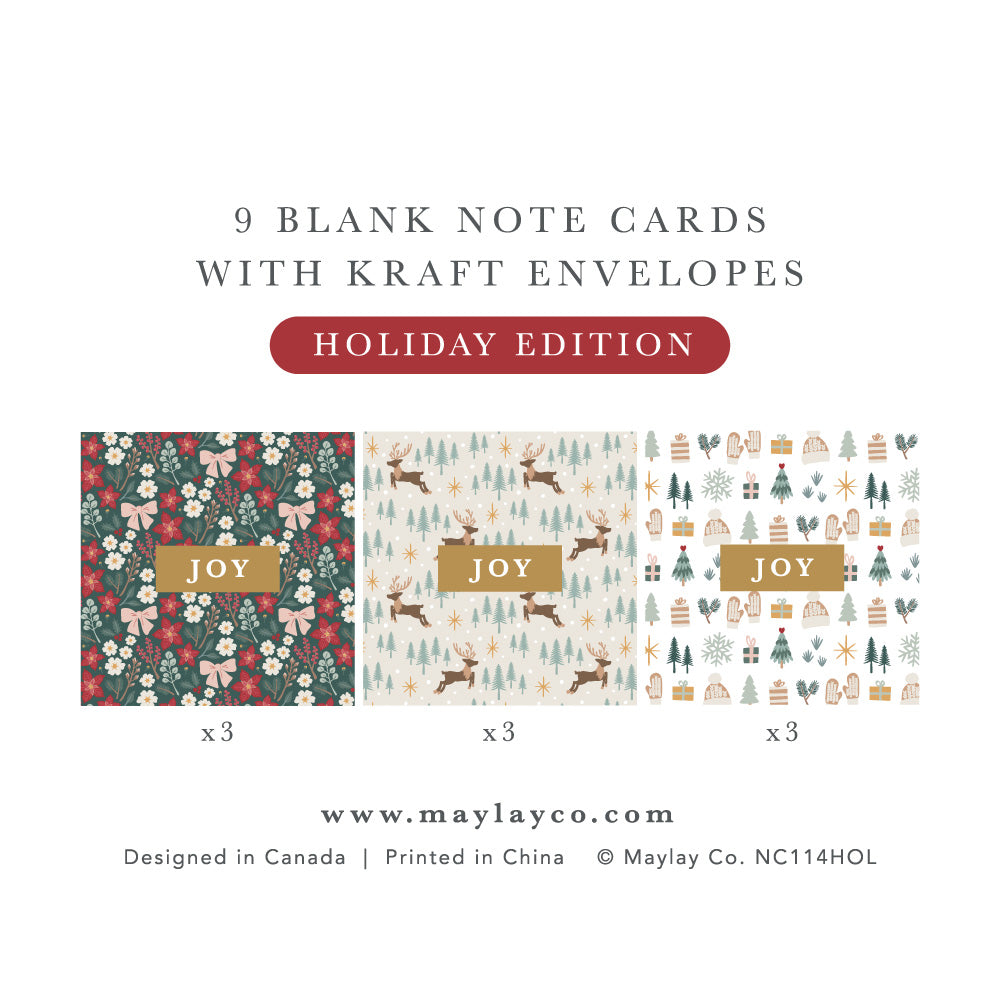 Nine JOY mini note cards: three each of Festive Floral, Reindeer Forest and Cozy Winter, with kraft envelopes