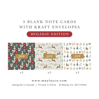 Nine JOY mini note cards: three each of Festive Floral, Reindeer Forest and Cozy Winter, with kraft envelopes