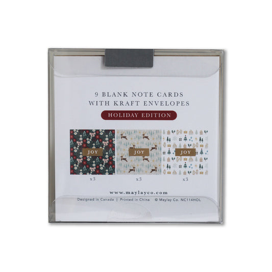 Back of the JOY holiday note card package showing the three designs
