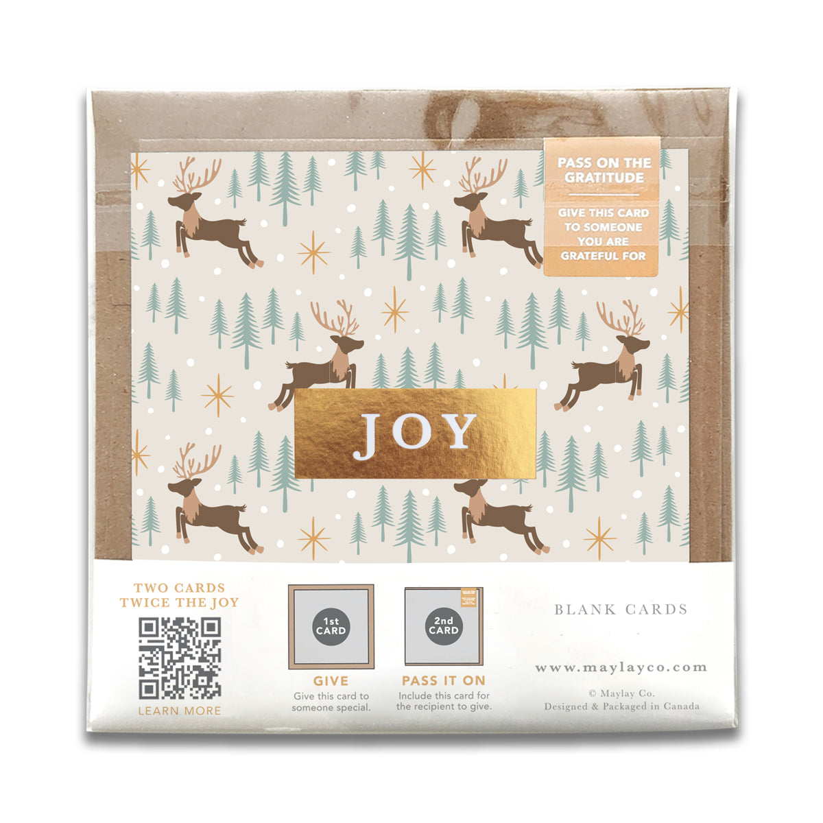 Back of the Reindeer Forest JOY gratitude card package with product details