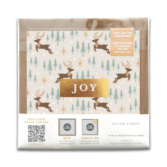 Back of the Reindeer Forest JOY gratitude card package with product details