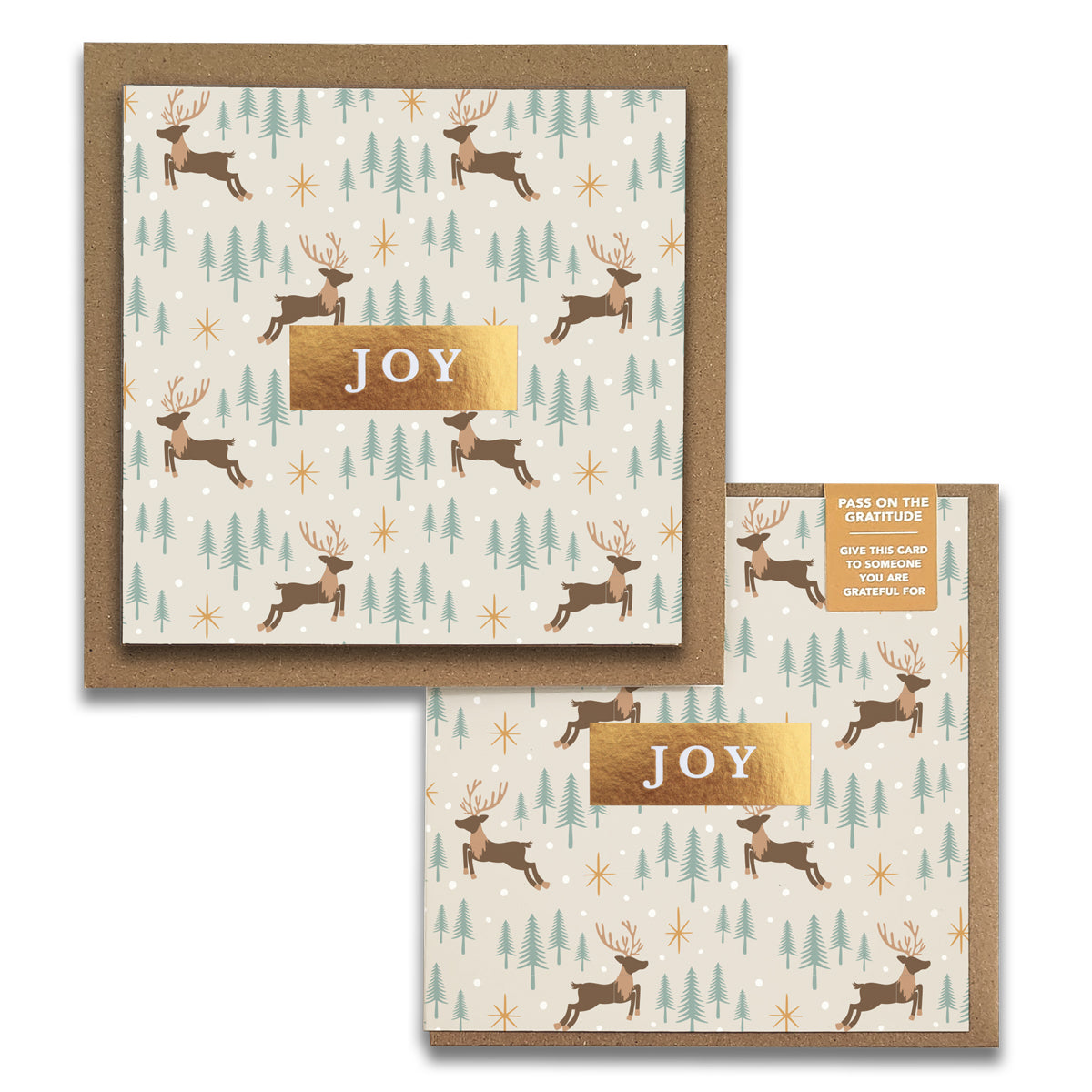 Reindeer Forest JOY Christmas gratitude cards with gold foil: leaping reindeer, tiny pines and gold stars on cream